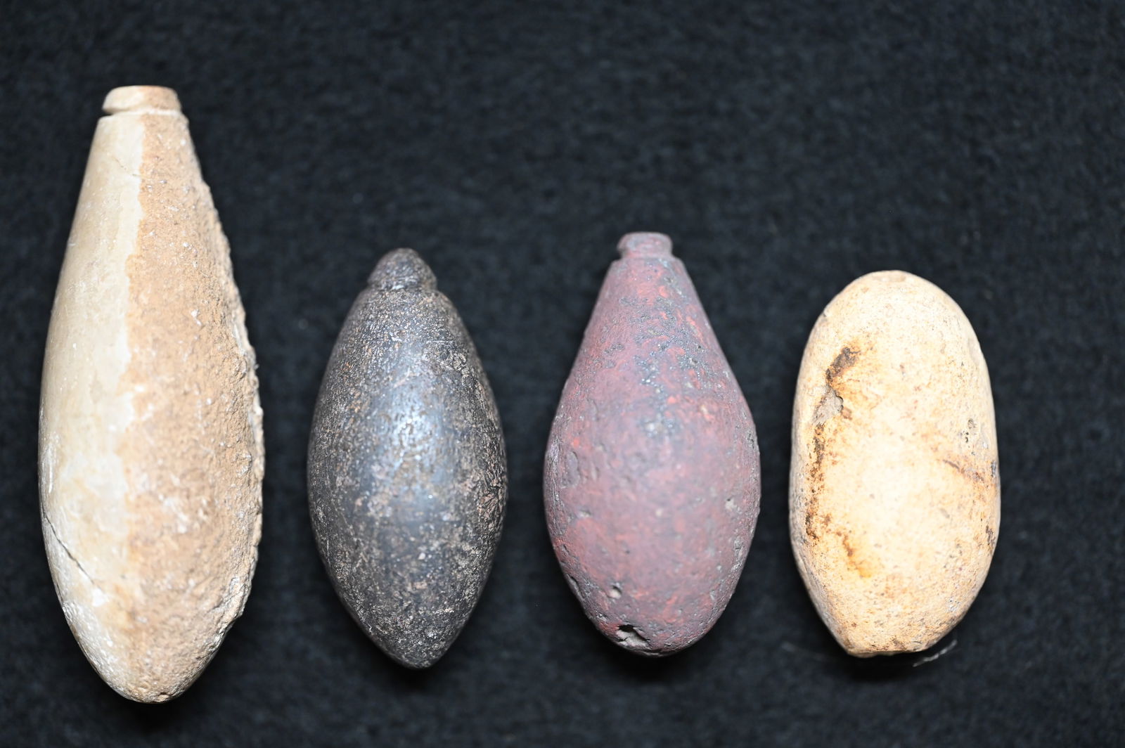 3 Plummets and a Stone Bead all modern made 3 1/8" Longest. 2 plummets are hematite.: 3 Plummets and a Stone Bead all modern made 3 1/8" Longest. 2 plummets are hematite.