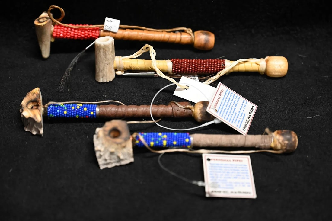 4 Native American Made 6" Pipes with Deer Antler Bowls and Beaded Leather wrapped wood stems Ex:: 4 Native American Made 6" Pipes with Deer Antler Bowls and Beaded Leather wrapped wood stems Ex: Pride of The Nations Store.