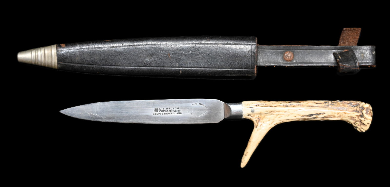I. Wilson Sheffield England Antler Handled Knife Fixed 4 1/2" Blade in a leather sheath. (1 of 7)