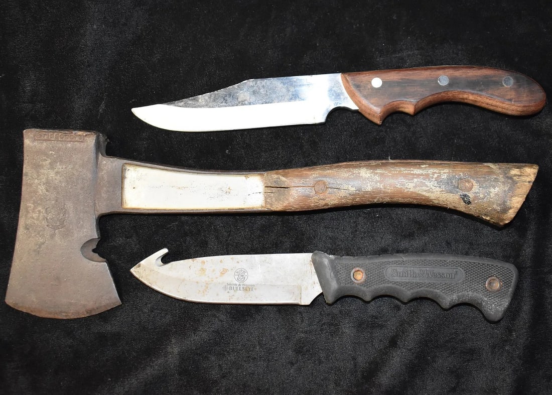 Two Knives and a Hatchet - Maxam Steel, Smith and Wesson and unknown on Hatchet: Maxam Steel Special 420 Stainless Steel Fixed Blade Knife w/ Wood Handle Japan 10 3/4", Smith & Wesson Bullseye Fixed Blade Knife (9 1/2") made in China with sheath (sheath does not match the knife &