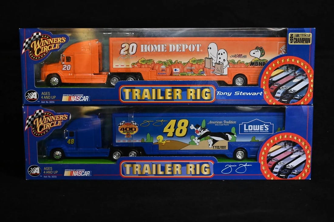 2 NASCAR 2002 Trailer Rig's Tony Stewart "Home Depot" & Jimmie Johnson "Lowe's" 1/64 Scale Produced: 2 NASCAR 2002 Trailer Rig's Tony Stewart "Home Depot" & Jimmie Johnson "Lowe's" 1/64 Scale Produced by Winner's Circle in brand new condition.