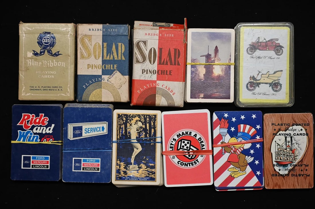 10 Vintage Advertisement Playing Card Decks includes Ford, Forshay Tower, Vantage Cigarettes, Solar: 10 Vintage Advertisement Playing Card Decks includes Ford, Forshay Tower, Vantage Cigarettes, Solar Pinochle, Bridge Riverboat, and more.