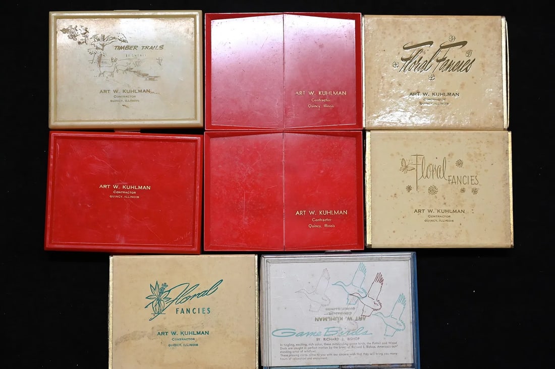 8 Vintage Advertisement Playing Card 2 Deck Cases and Cards of Art W. Kuhlman Contractor Quincy (1 of 6)