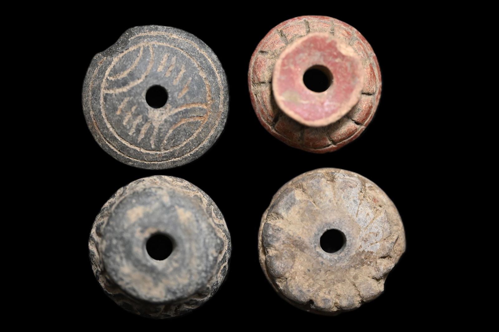 4 Pre-Columbian Engraved Spindle Whorl Beads Outstanding examples. They measure approximately 1 1/4": 4 Pre-Columbian Engraved Spindle Whorl Beads Outstanding examples. They measure approximately 1 1/4" Diameter.