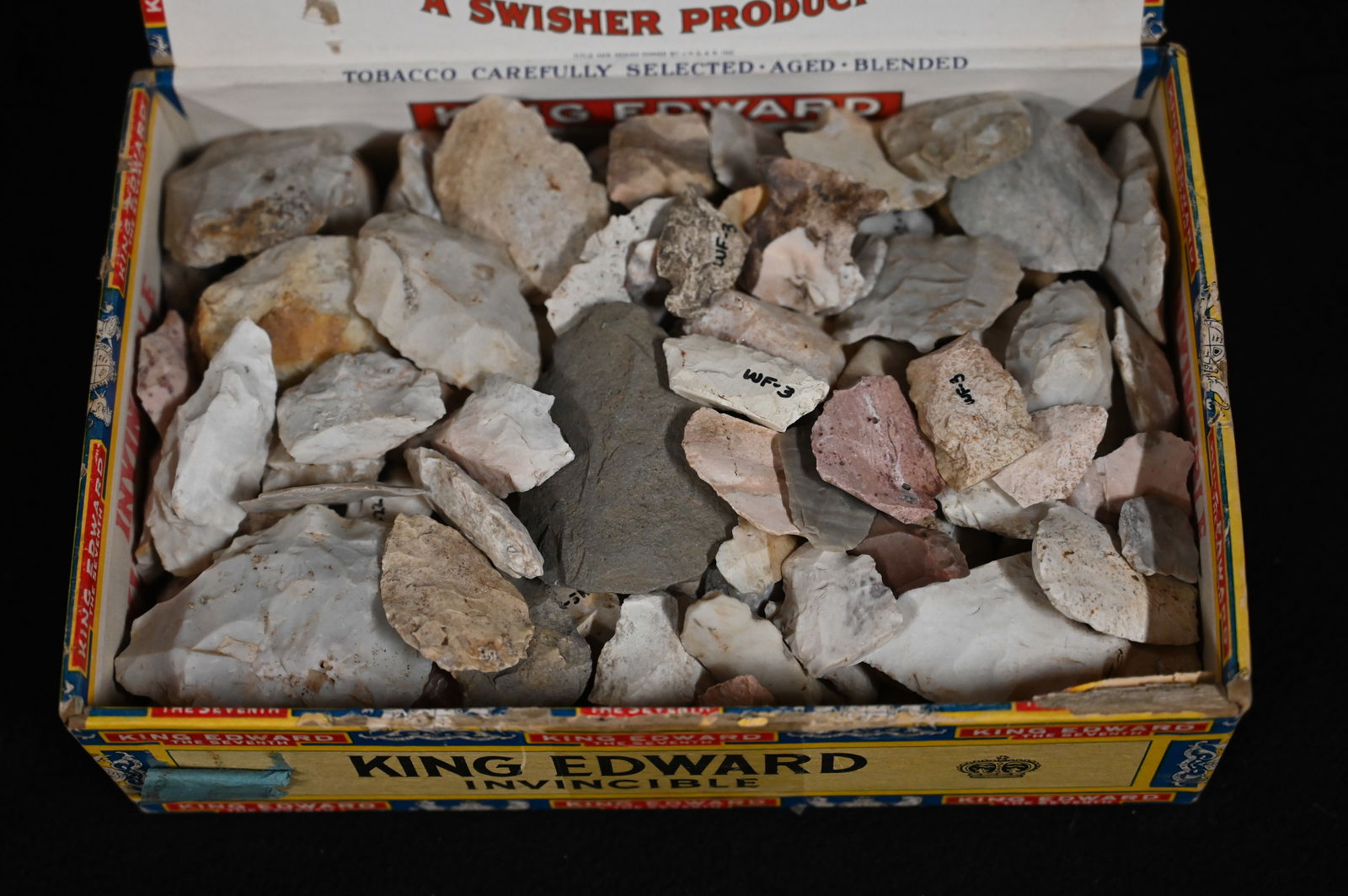 Cigar Box Full of Damaged Arrowheads Found in Fulton Co. Illinois and surrounding Counties. Cigar: Cigar Box Full of Damaged Arrowheads Found in Fulton Co. Illinois and surrounding Counties. Cigar Box measures approx. 8 1/2" x 5 1/2" x 3". Weighs approx. 5 pounds.