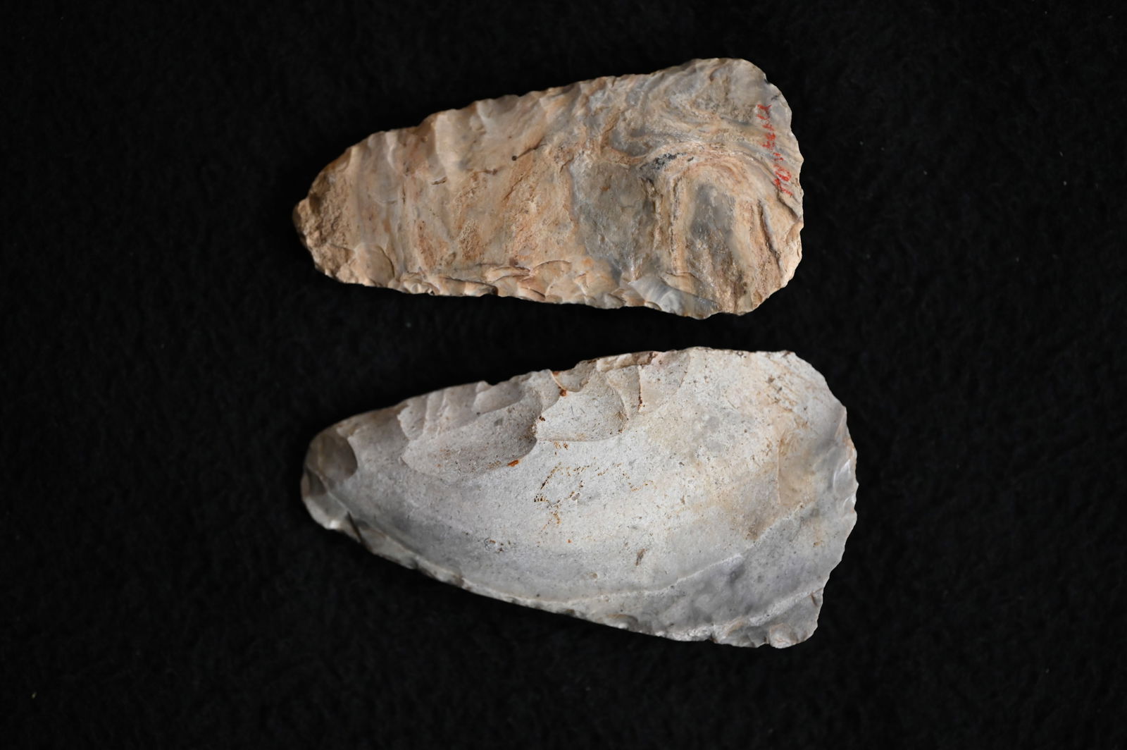 2 Colorful Clear Fork Gouges 3 15/16" Longest. Found in Saline Co. Missouri Ex: George Wolf - 2