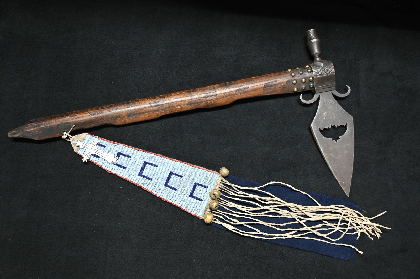 24" Spontoon Pipe Tomahawk Bat Design with Beaded Drop with bells and silver cross. Tacked handle. (1 of 10)