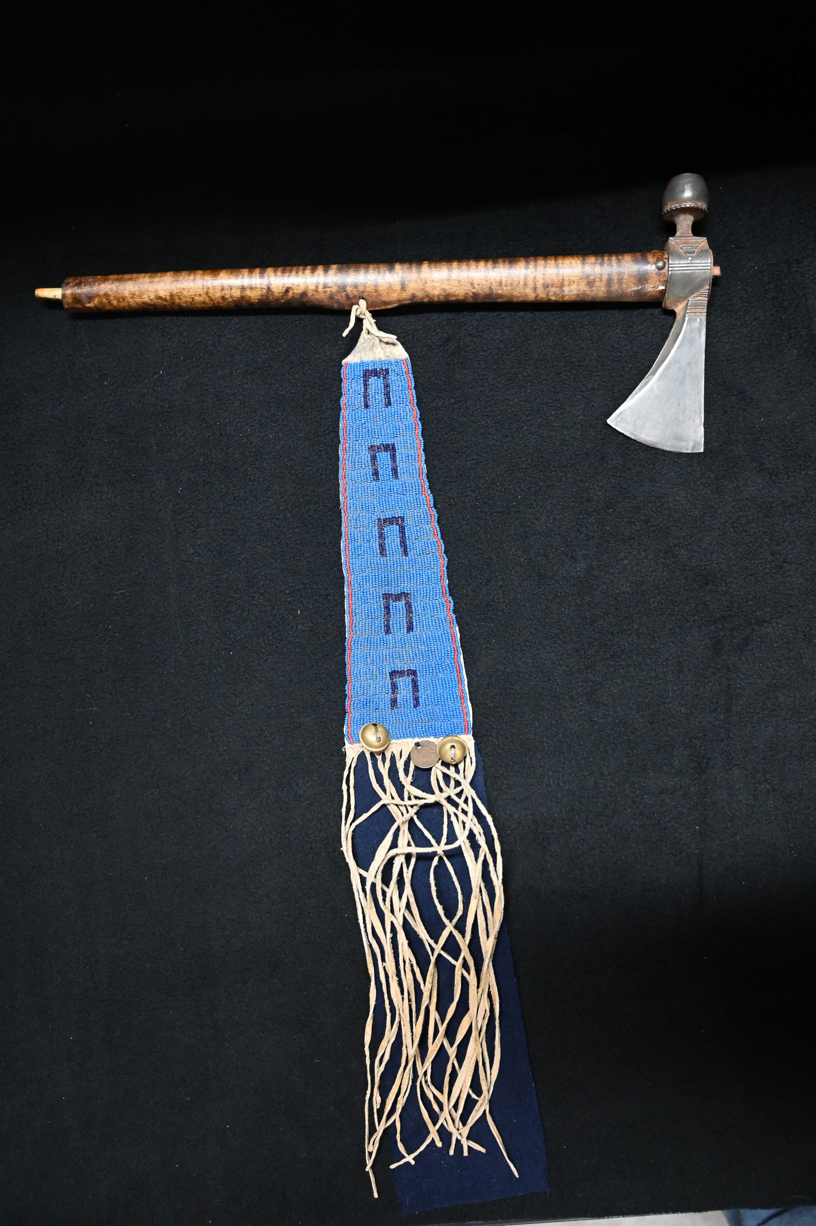 Sioux Tomahawk Pipe 18" with Beaded Drop 1893 Indian Head Penny and bells, Bone mouth piece. (1 of 10)