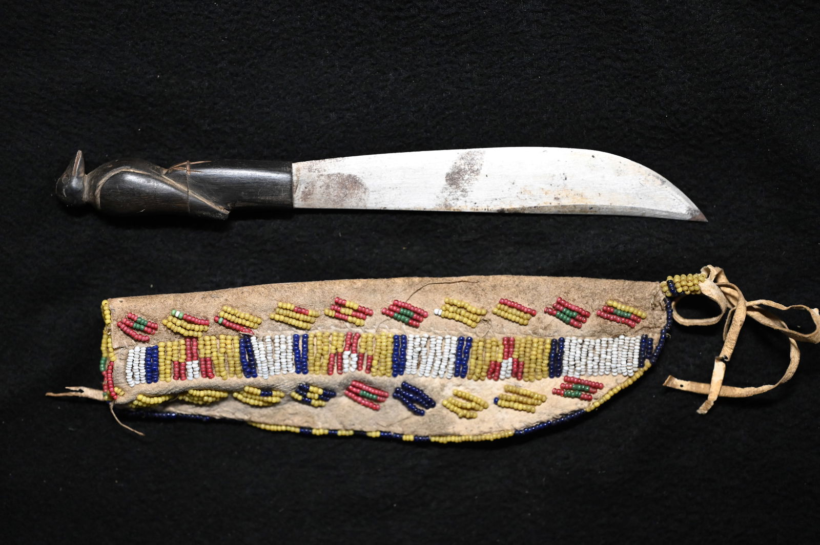 Crow Leather Beaded Knife Sheath with 19th Century Bird Effigy Knife 9". (1 of 10)
