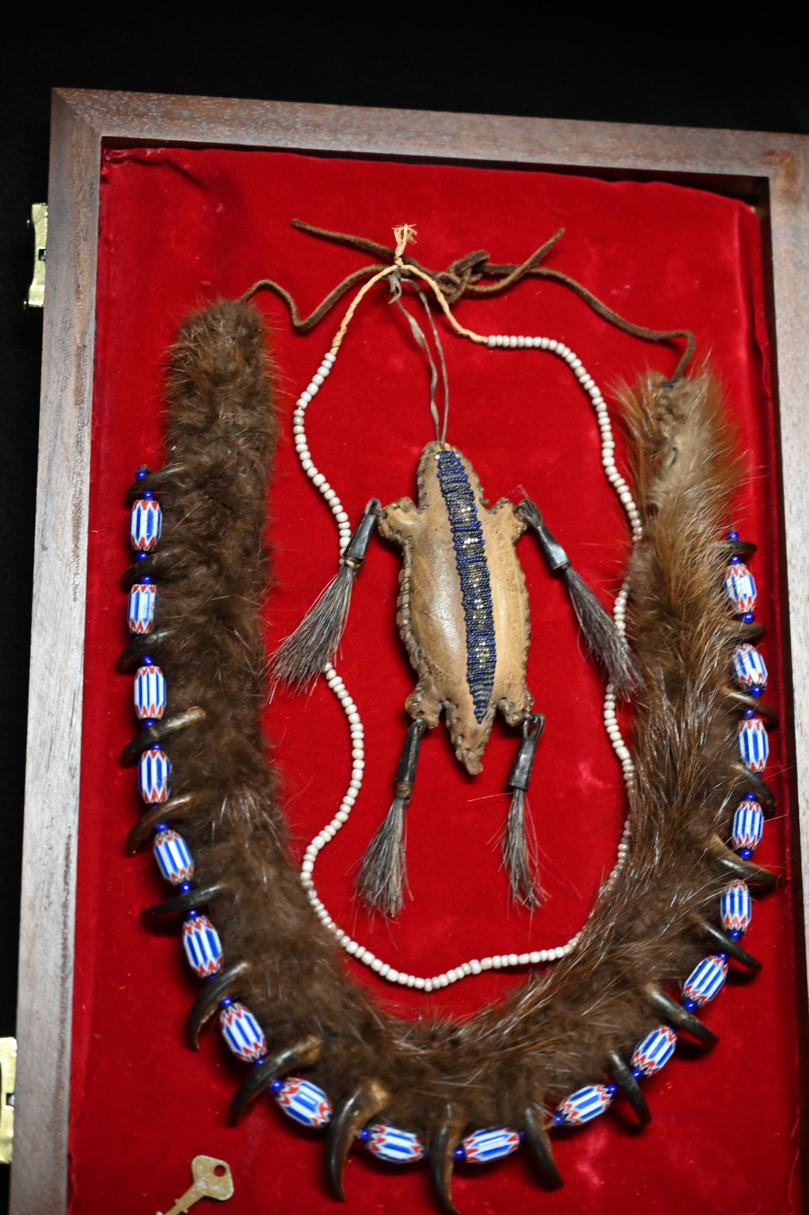 Bear Claw Collar with Bear Fetish and Beaded Necklace in a 12" x 18" Display Case. 19 Claws with 18: Bear Claw Collar with Bear Fetish and Beaded Necklace in a 12" x 18" Display Case. 19 Claws with 18 Chevron Beads.