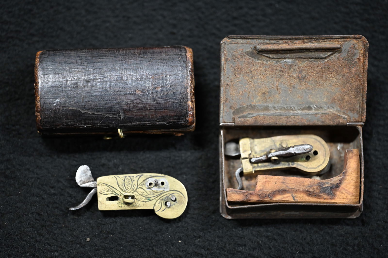 2 Blood Letting Tools 1800's in small metal and leather 3" cases. (1 of 6)