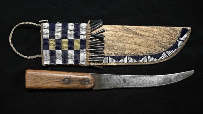 11" Leather Beaded & Coned Sheath with 12 1/2" Vintage Knife. (1 of 14)