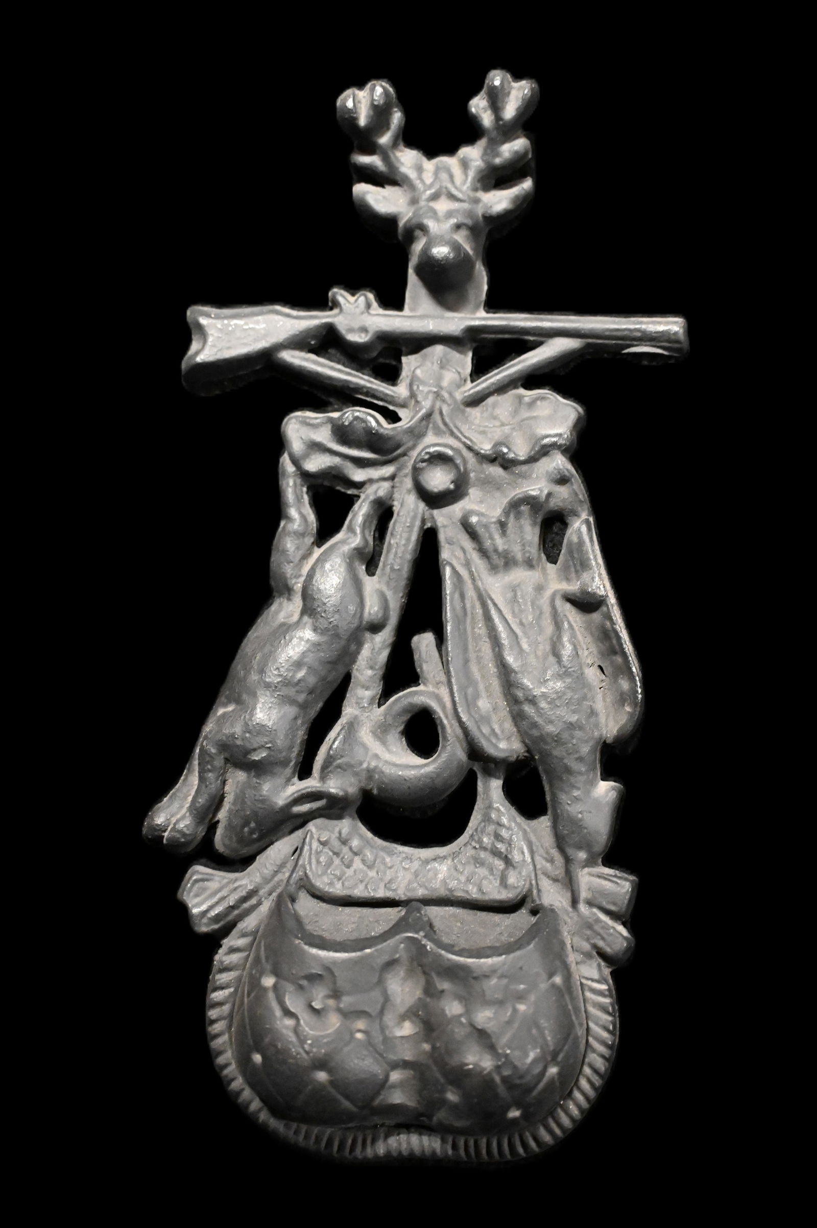 Vintage Cast Iron Wall Mounted Match Holder.: Vintage Cast Iron Wall Mounted Match Holder. Also known as a match safe, featuring a hunting motif. 10 3/4" long x 5" wide.