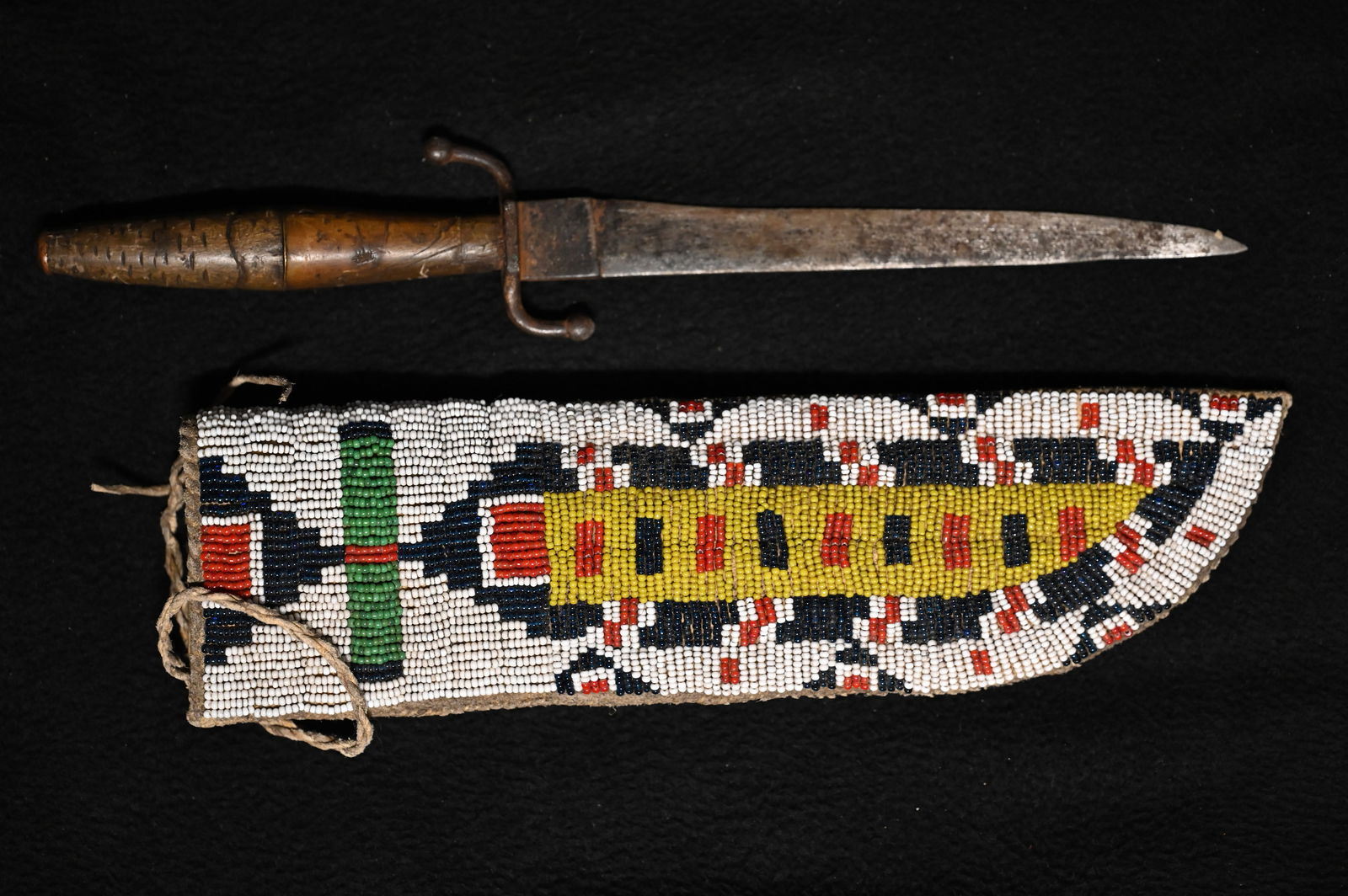 10 1/4" Leather Beaded Sheath with 111/4" Hand Made Vintage Knife. (1 of 12)