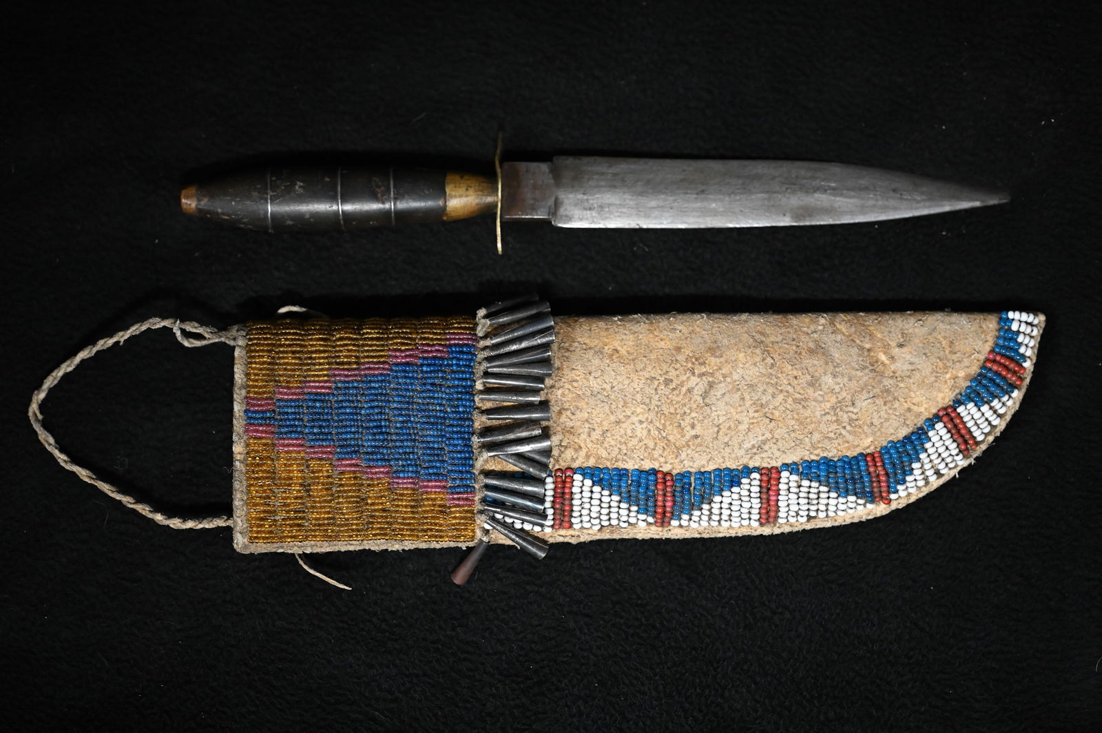 10 1/2" Leather Beaded & Coned Sheath with 11" Hand Made Vintage Knife. (1 of 7)