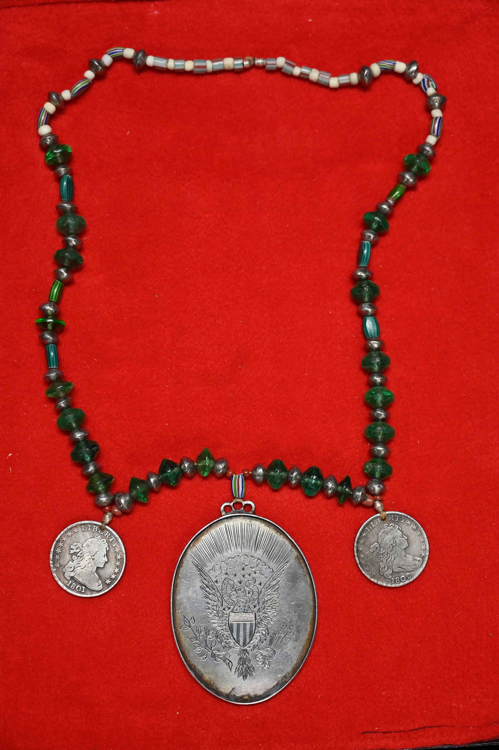 W.H. Harrison Eel River Nation 1803 Vincennes Peace Medal with 1801 & 1802 coins displayed in a 12": W.H. Harrison Eel River Nation 1803 Vincennes Peace Medal with 1801 & 1802 coins displayed in a 12" x 16" frame.