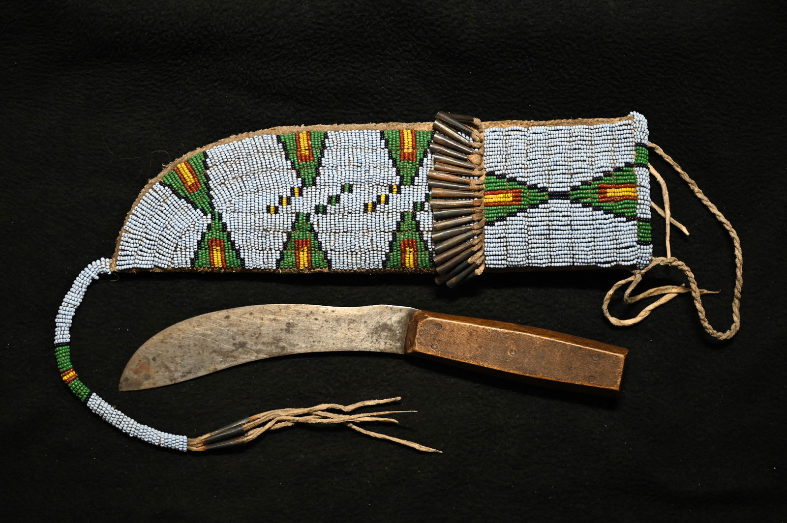 11" Leather Beaded & Coned Sheath with 10 1/4" Vintage Knife. (1 of 12)