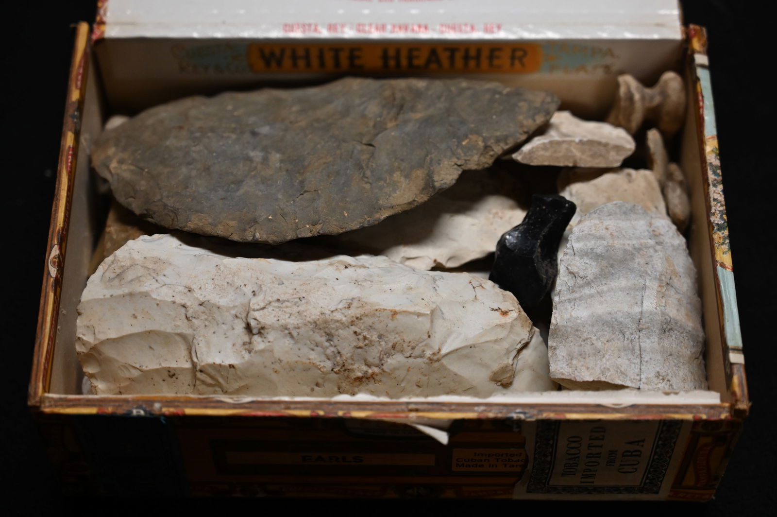 Cigar Box Full of Flint Celts, Adz's, and Tools Found in Illinois.: Cigar Box Full of Flint Celts, Adz's, and Tools Found in Illinois.