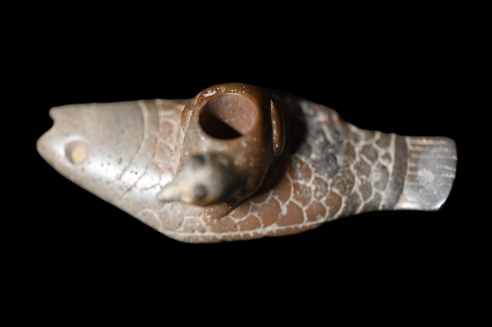 3 1/4" Hopewell Effigy Pipe Fish & Raccoon Modern Made. Fish tail is broke and glued. Has Knoblock (1 of 8)