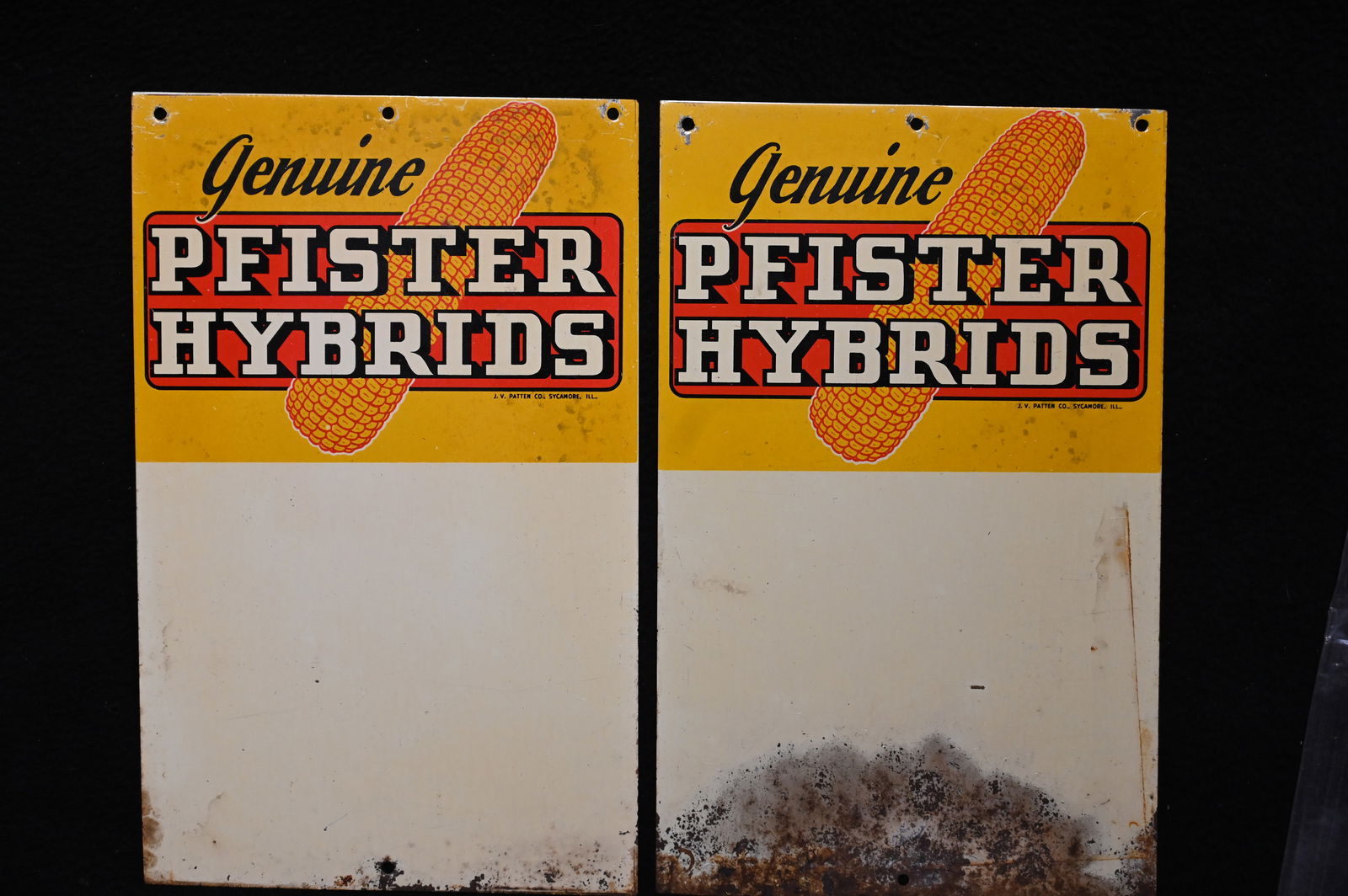 2 Vintage Genuine Phister Hybrids Seed Company Metal Signs 8" x 5".: 2 Vintage Genuine Phister Hybrids Seed Company Metal Signs 8" x 5". Phister Hybrids was created in the 1930's by Lester Pfister. It was one of the pioneer seed company's in the Midwest distributing to
