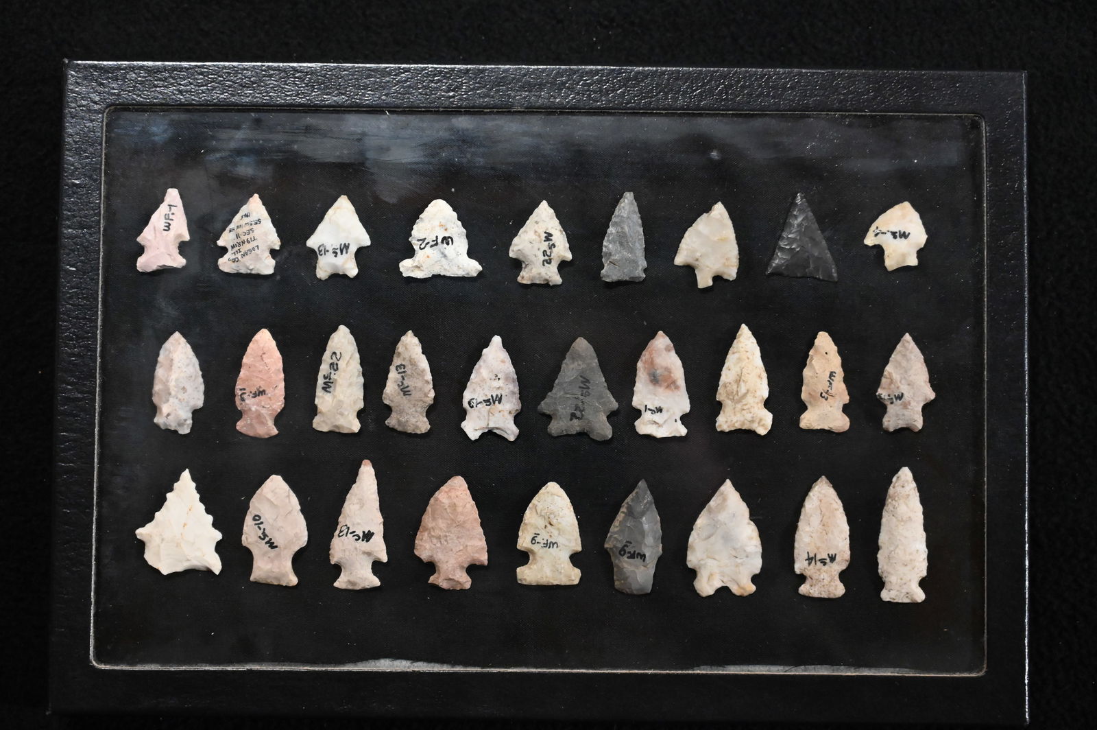Frame of 28 Arrowheads Found in IL/MO 1 5/8" Longest Ex: Dean Downing Collection. Some well made (1 of 6)