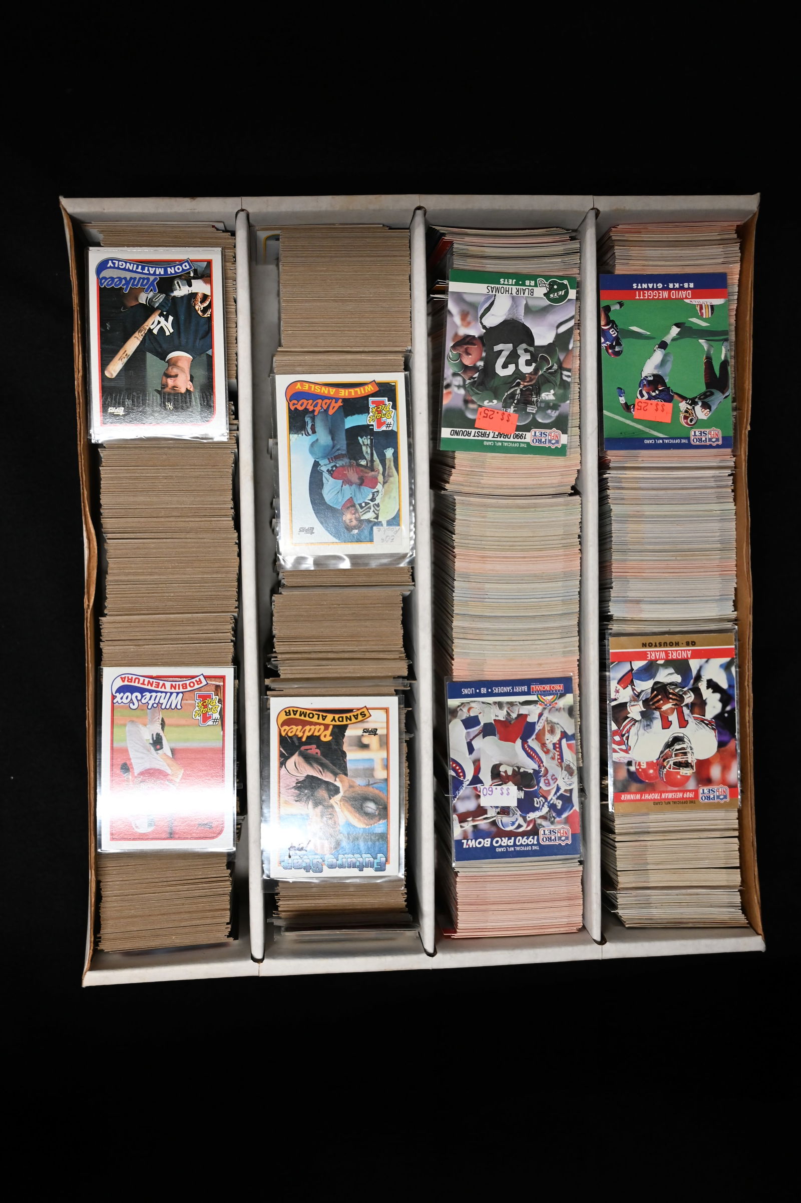 3000 Approx. Baseball & Football Cards 80's & 90's Mixed group stored in a large collector card box. (1 of 3)
