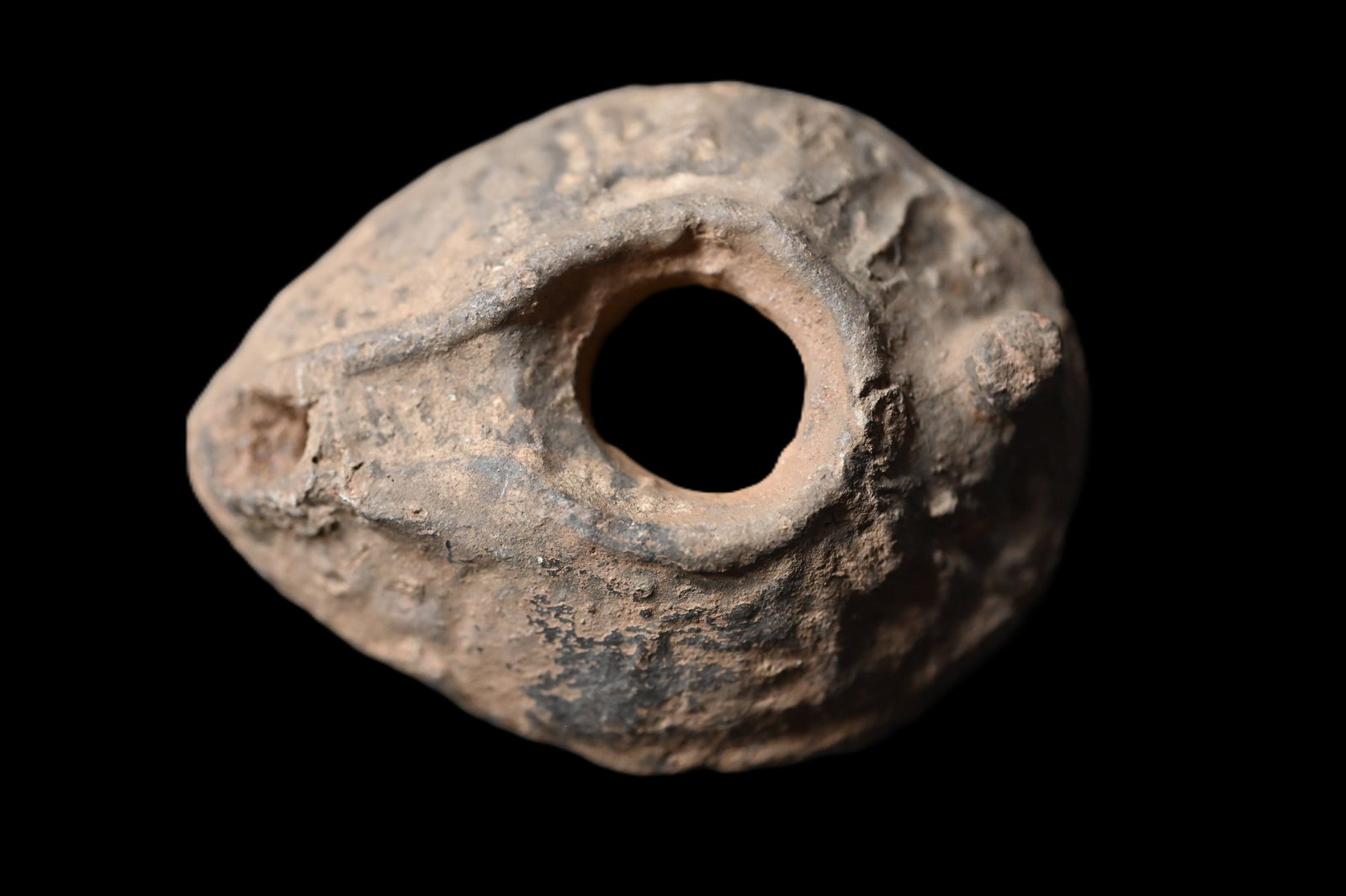 Holy Land Terracotta Oil Lamp Circa 400-700 AD. 3 1/2" long.: Ancient Roman Fired Clay Terracotta Oil Lamp from the Byzantine Era. Used as the main source of light for thousands of years the oil lamp was a very important inventions that was only slightly modifie