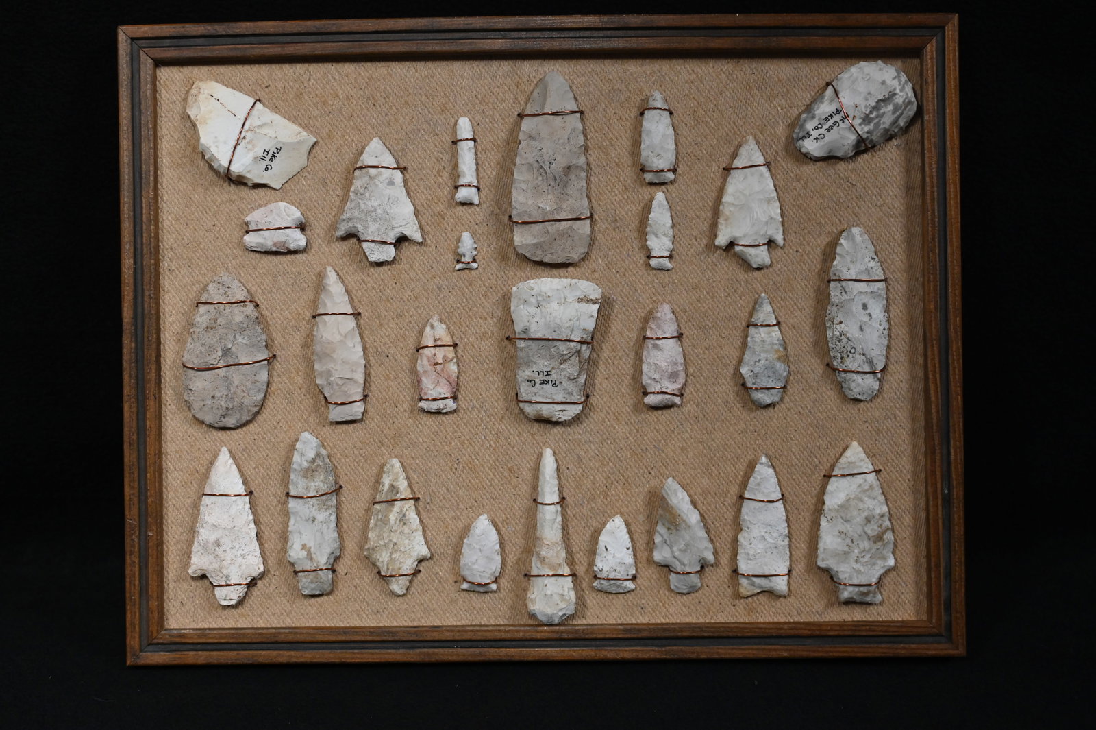 Vintage Frame of 26 Arrowheads Found in Pike Co. Illinois. Includes Daltons, Hardins, Drills, (1 of 8)
