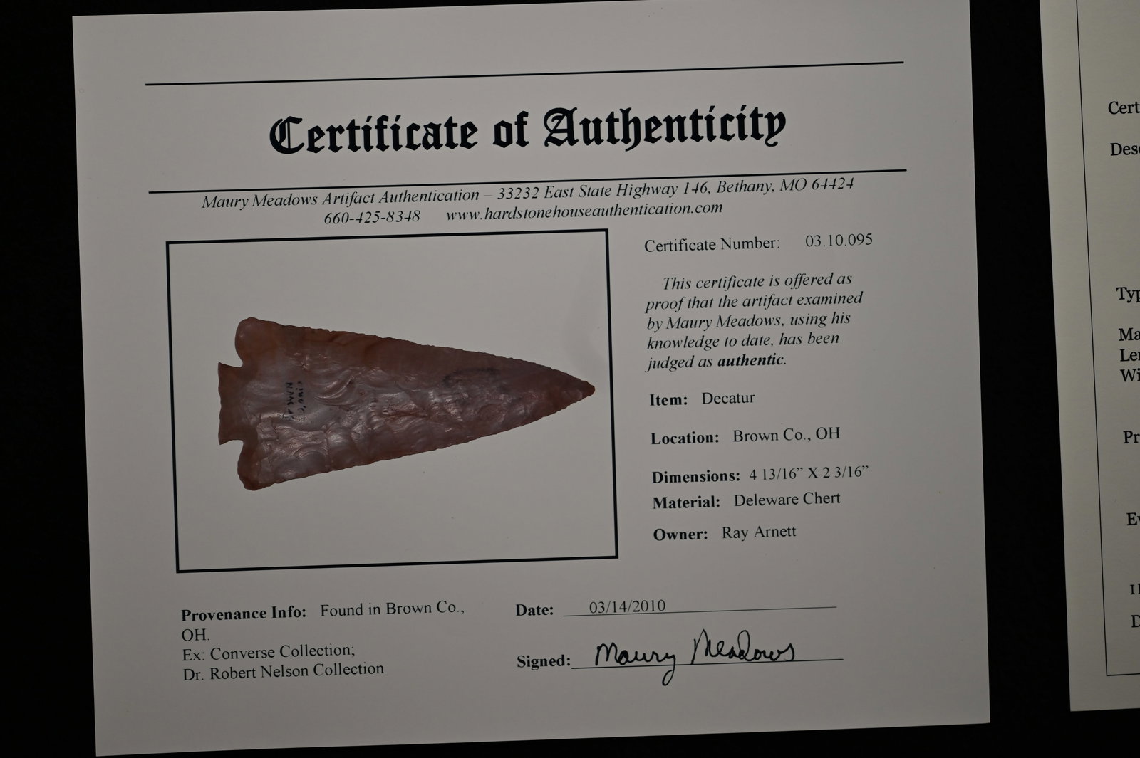 4 13/16" Decatur 6 x COA's. One of the best Found in Brown Co. Ohio Ex: Converse, Dr. Robert E. - 10