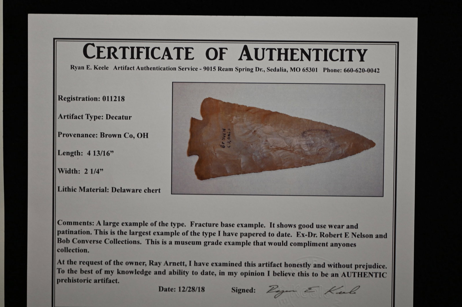 4 13/16" Decatur 6 x COA's. One of the best Found in Brown Co. Ohio Ex: Converse, Dr. Robert E. - 6