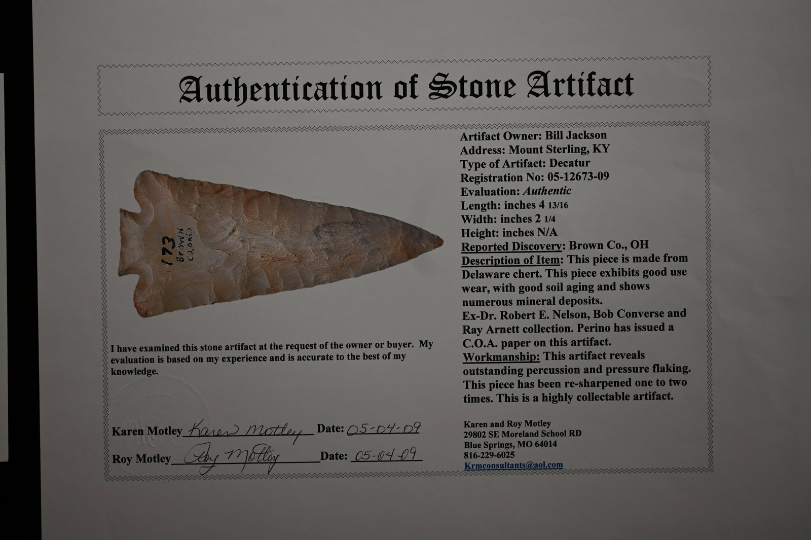 4 13/16" Decatur 6 x COA's. One of the best Found in Brown Co. Ohio Ex: Converse, Dr. Robert E. - 8