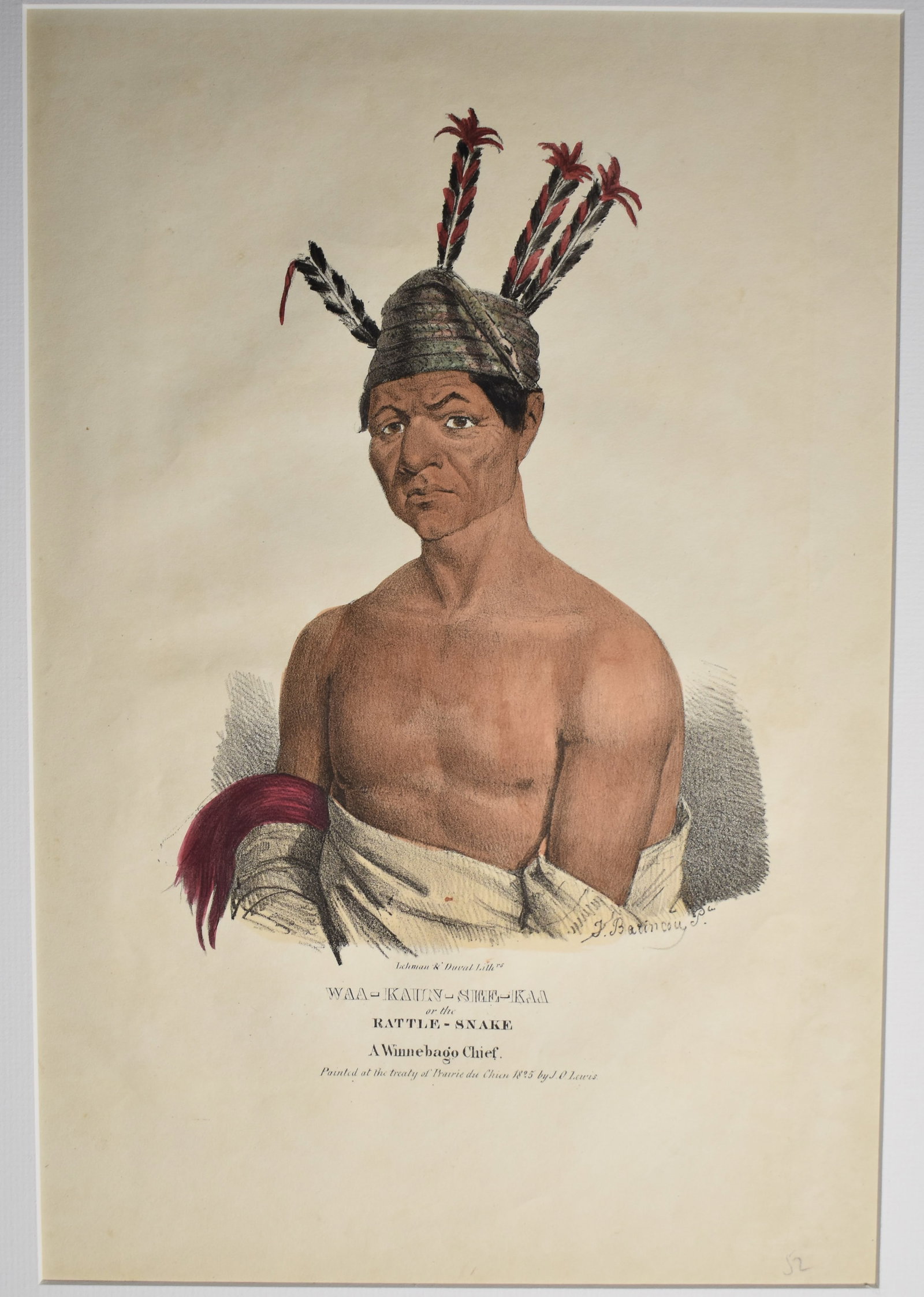 Original 1835 J.O. Lewis Hand Painted Lithograph of WAA-KAHN-SEE-KAA or RATTLE SNAKE: Original 1835 J. O. Lewis hand painted lithograph of WAA-KAHN-SEE-KAA or RATTLE SNAKE. J. O. Lewis first sketched this subject in 1825. Published in 1835 by Lehman and Duval, Philadelphia. James Otto