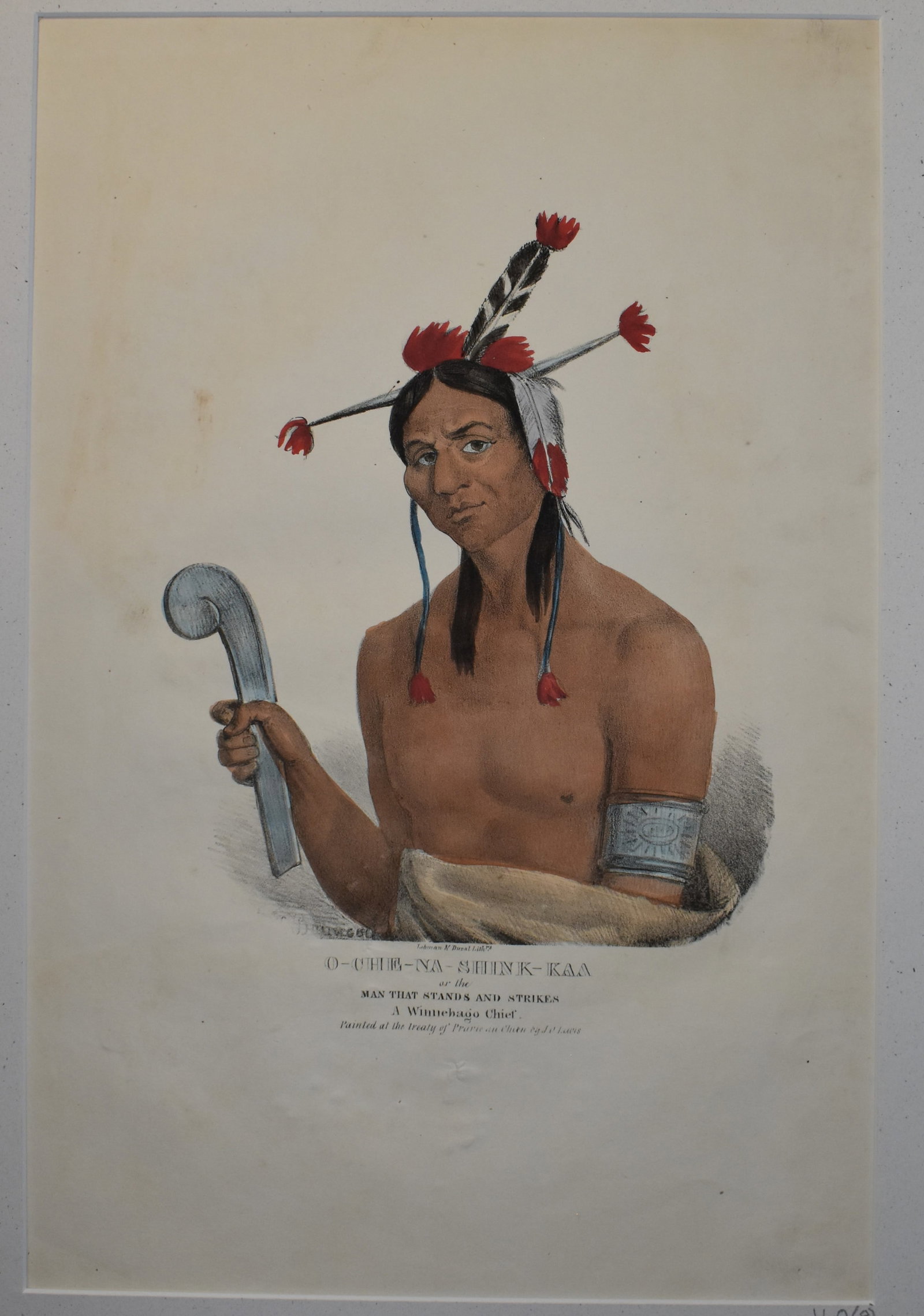 Original 1835 J.O. Lewis Hand Painted Lithograph of O-CHI-NA-SHINK-KA - A Winnebago Chief: Original 1835 J. O. Lewis hand painted lithograph of O-CHI-NA-SHINK-KA, A Winnebago Chief. J. O. Lewis first sketched O-CHI-NA-SHINK-KA, also known as Man That Stands and Strikes, in 1827. Published i