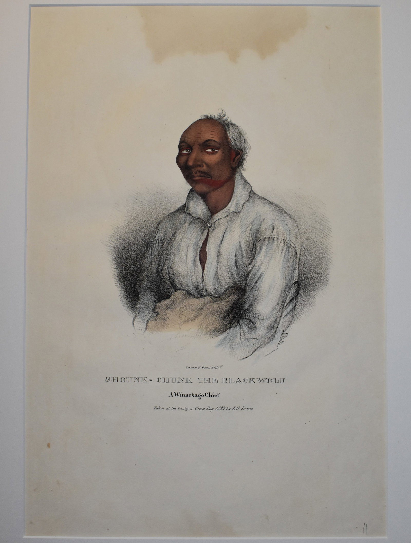 Original 1835 J.O. Lewis Hand Painted Lithograph of Shounk Chunk -The Black Wolf: Original 1835 J. O. Lewis hand painted lithograph of Shounk Chunk, The Black Wolf. J. O. Lewis first sketched this subject in 1827. Published in 1835 by Lehman and Duval, Philadelphia. James Otto Lewi