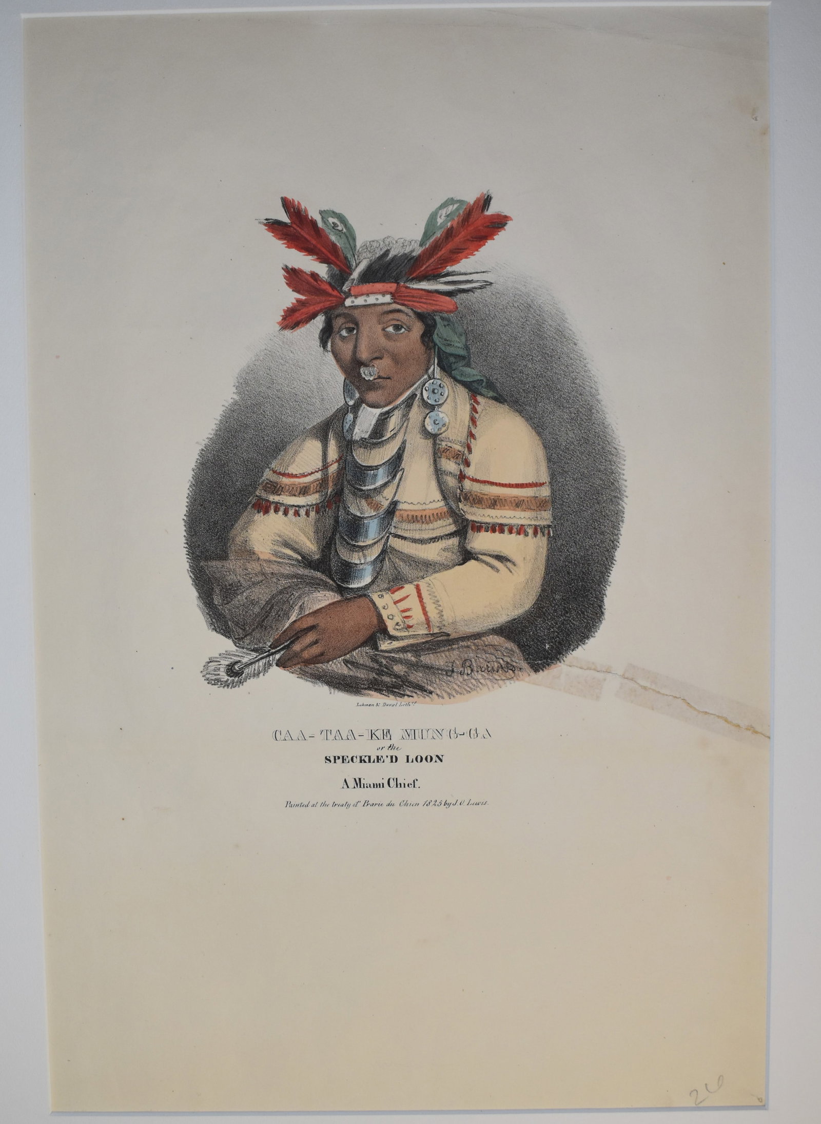 Original 1835 J.O. Lewis Hand Painted Lithograph of CAA-TAA-KE MUNG GA or SPECKLED LOON: Original 1835 J. O. Lewis hand painted lithograph of CAA-TAA-KE MUNG GA or SPECKLED LOON. J. O. Lewis first sketched this subject in 1825. Published in 1835 by Lehman and Duval, Philadelphia. James Ot