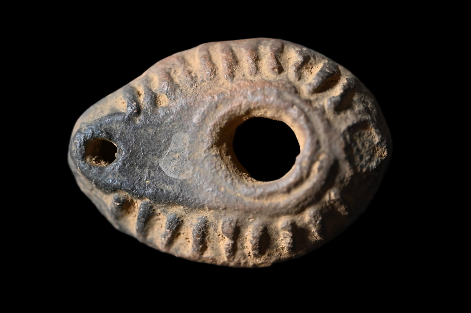 Holy Land Terracotta Oil Lamp Circa 400-700 AD. 3" long.: Ancient Roman Fired Clay Terracotta Oil Lamp from the Byzantine Era. Used as the main source of light for thousands of years the oil lamp was a very important inventions that was only slightly modifie