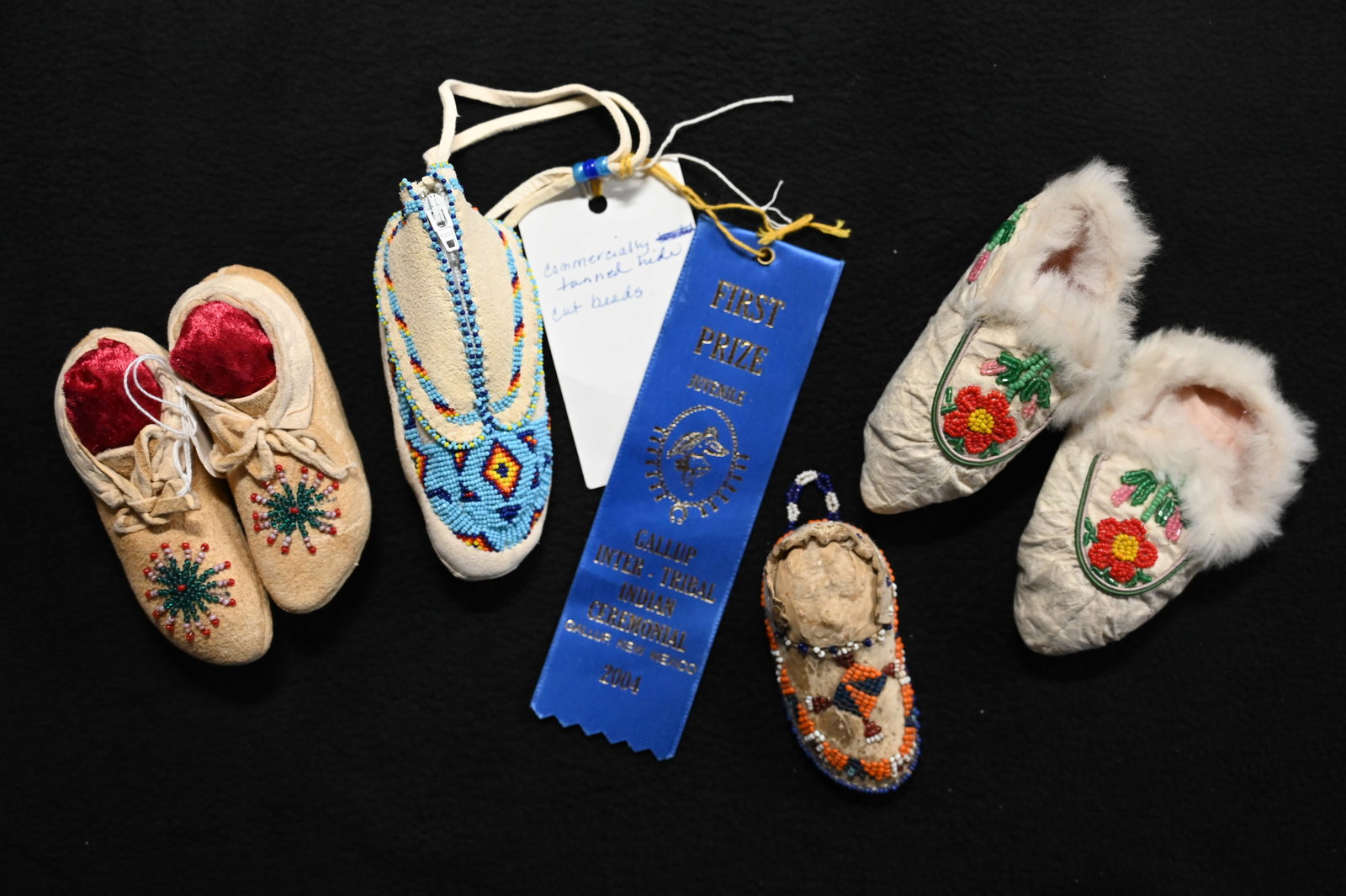 6 Beaded Leather Baby Moccasins 2nmatching pairs. (1 of 8)