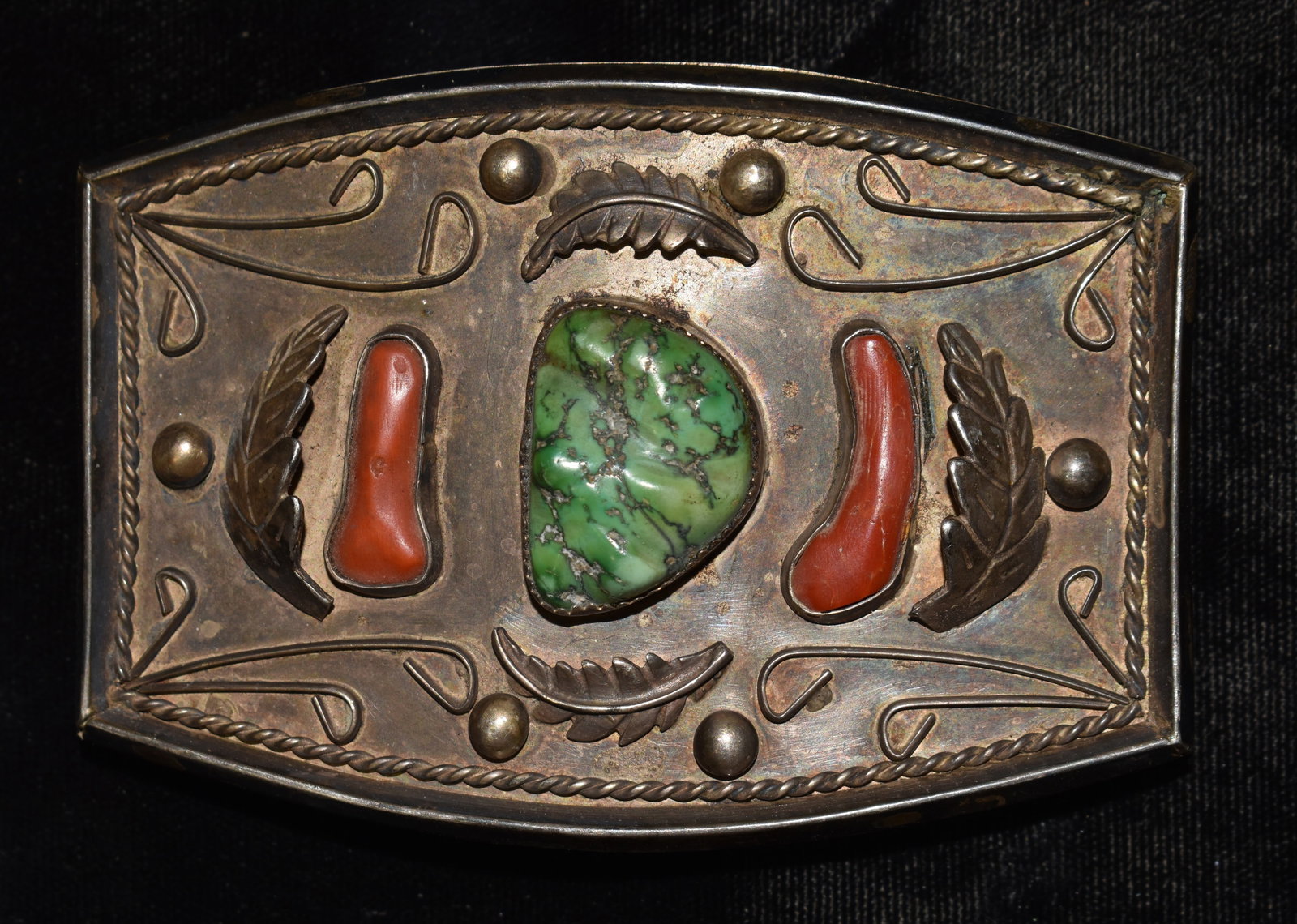 Authentic Old Pawn Sterling Silver w/ Turquoise & Coral Navajo Belt Buckle Signed A.T.K. (1 of 8)