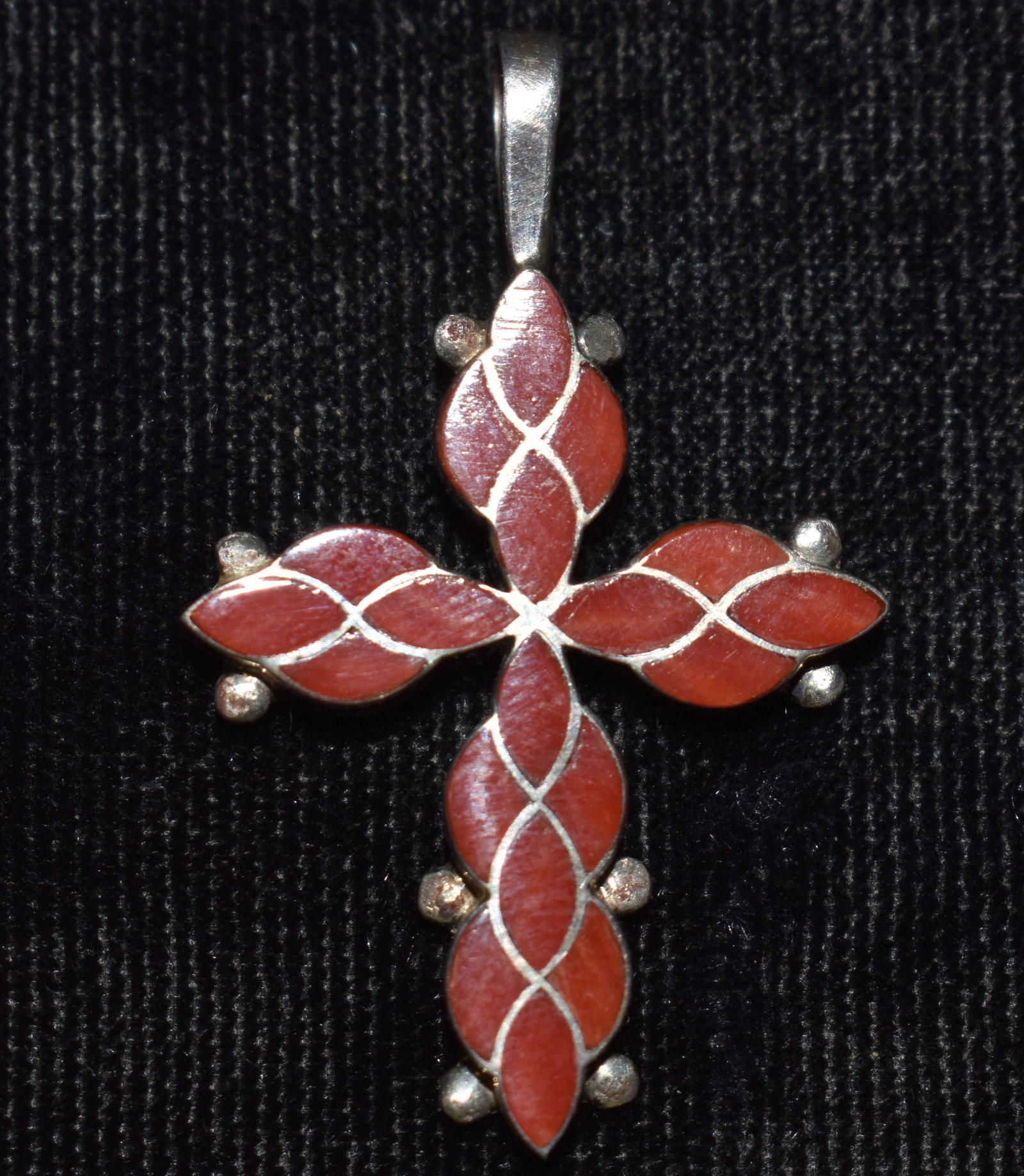 Zuni Orange Coral Inlay Sterling Silver Cross Pendant (1 of 5)