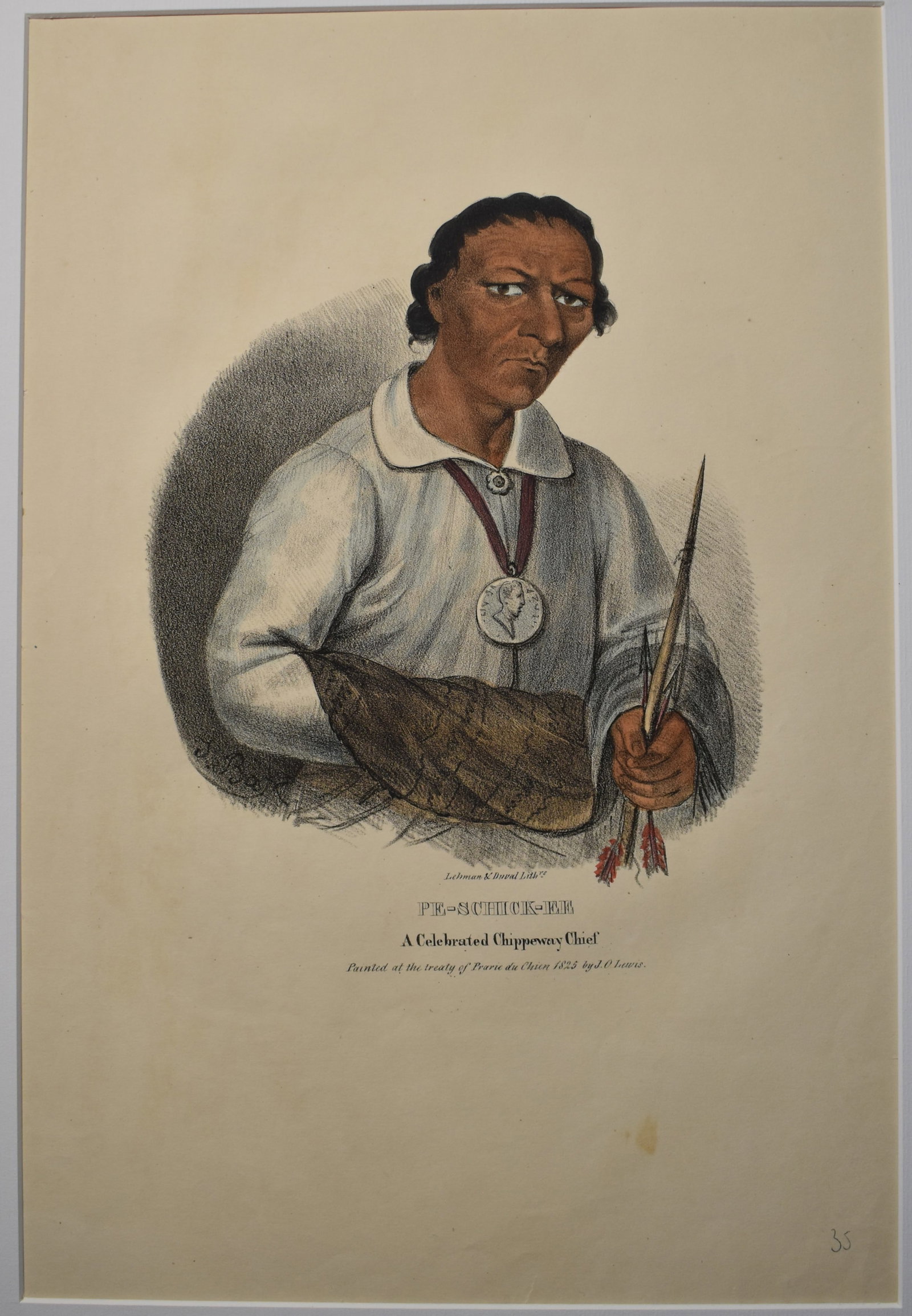 Original 1835 J.O. Lewis Hand Painted Lithograph of PE-SCHICK-EE A Celebrated Chippeway Chief (1 of 5)