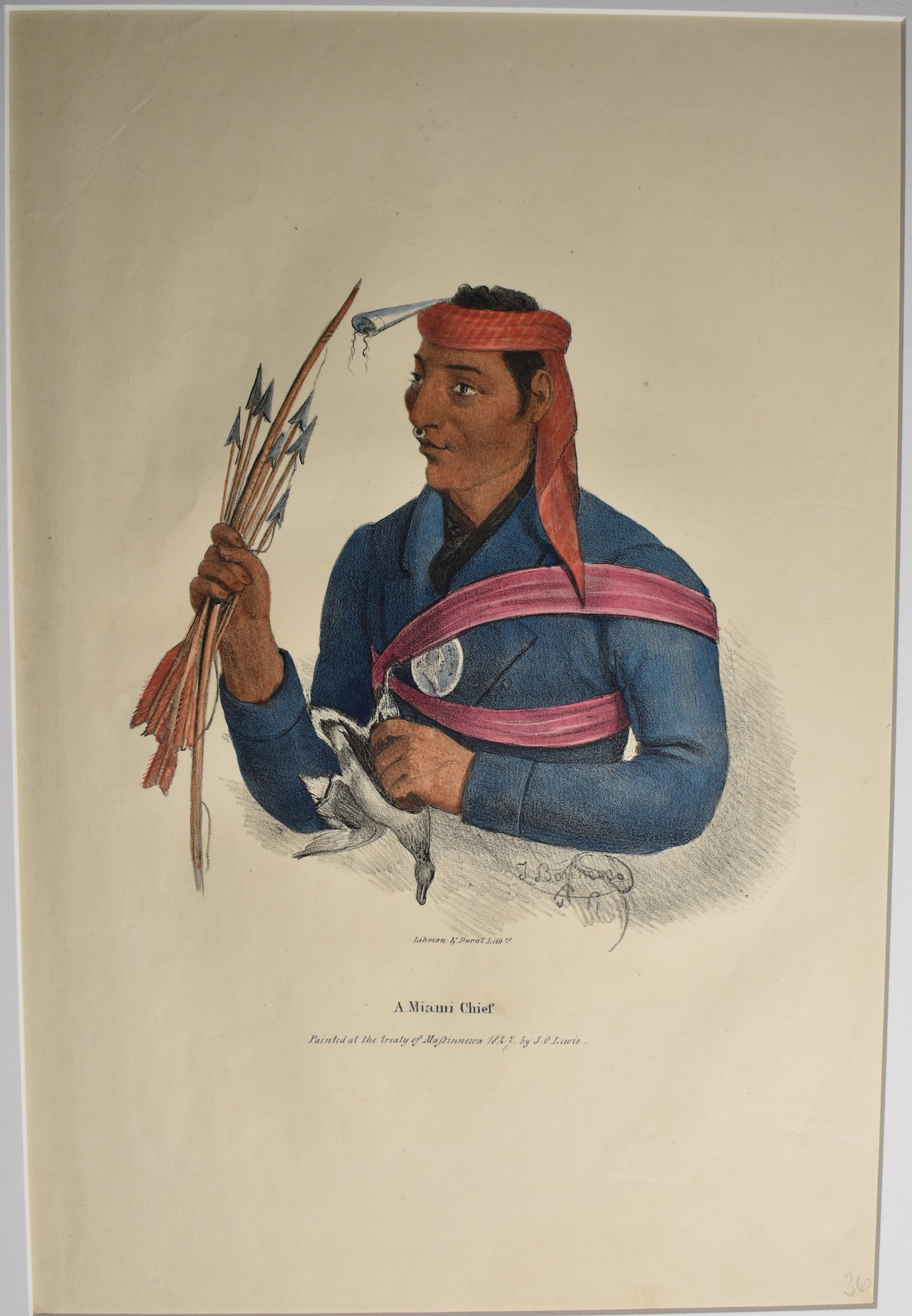 Original 1835 J.O. Lewis Hand Painted Lithograph of A Miami Chief (1 of 5)