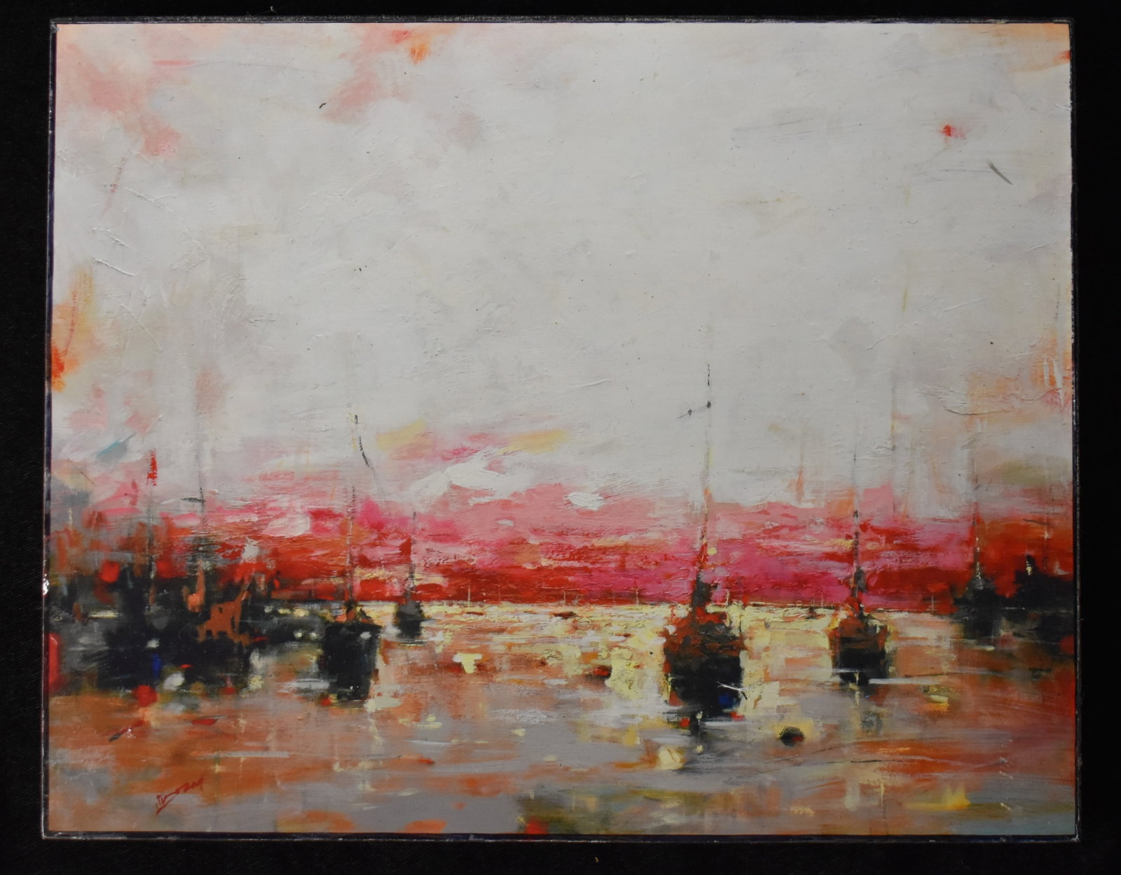 Lukran (20th Century) Abstract Harbor Scene, Acrylic on Board, Signed Verso (1 of 4)