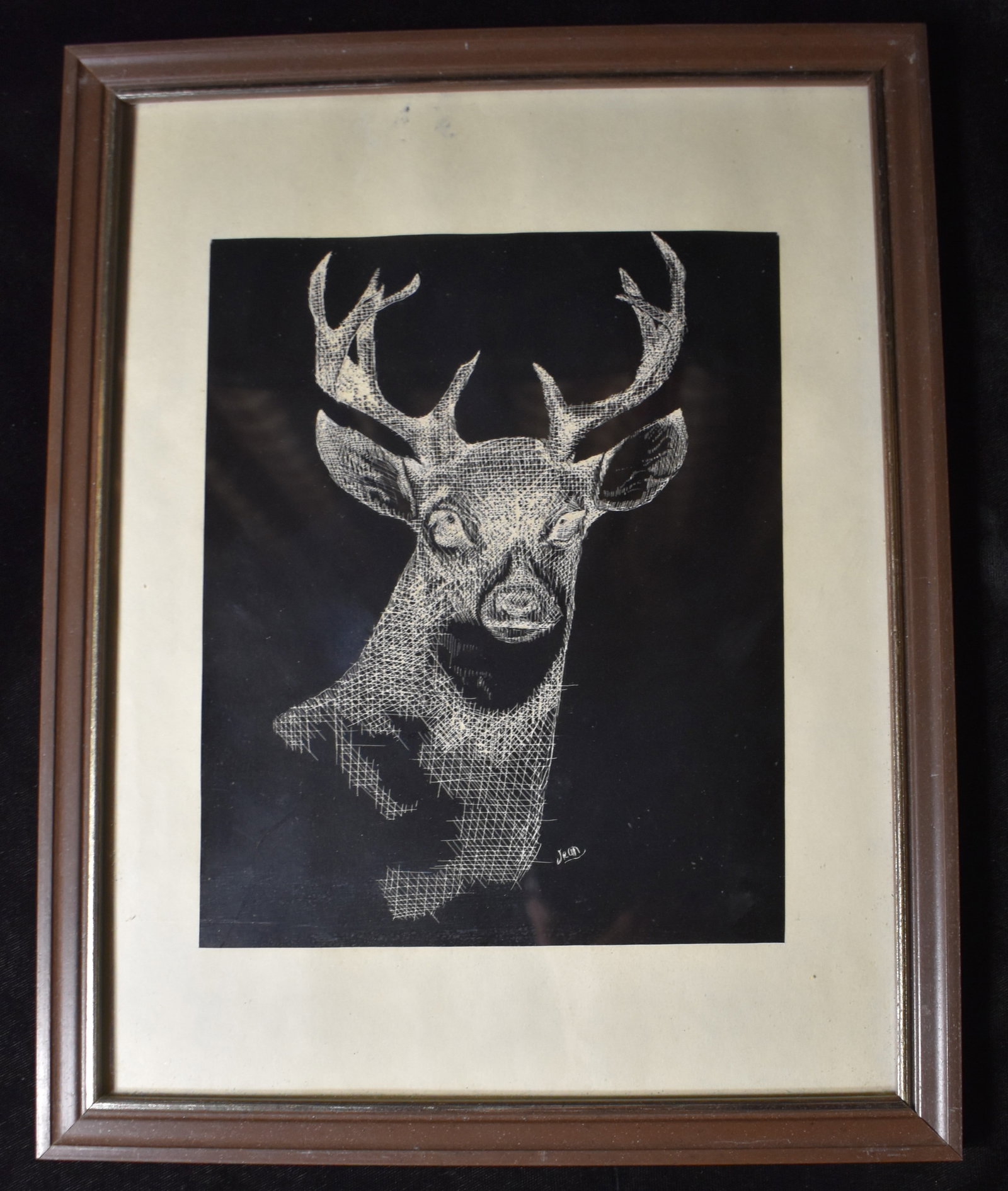 Jean — White on Black Deer Portrait, Intricate Line Drawing, Signed (1 of 4)
