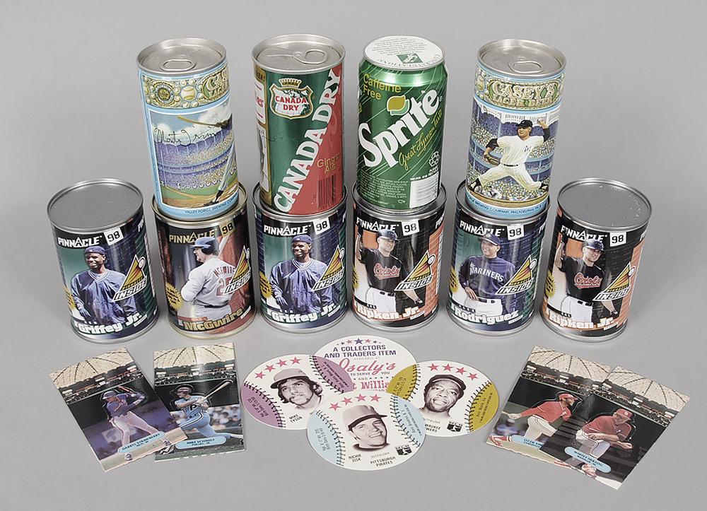 Baseball Cards, Coasters, Cans with Signatures: six 1998 Pinnacle baseball cards in sealed cans: Alex Rodriguez, Cal Ripken Jr. (x2), Ken Griffey Jr. (x2); two signed Casey's Lager Beer cans by Whitey Ford, Monte Irvin (tabs attached, opened on the