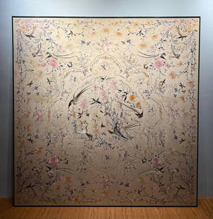 Large-sized Cantonese embroidery "Birds Chirping in Harmony": Silk (brocade)Guangdong embroidery (with fine stitches, rich and bright colors, and the use of both gold thread embroidery and double-needle technique, the composition is full yet not chaotic).Late Qi