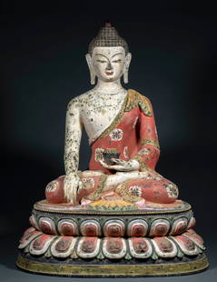 Qing Dynasty Qianlong period, copper with colored enamel, Medicine Buddha: The alloy copper (containing tin and lead to enhance castability) is coated with mineral pigments (such as cinnabar and azurite). The lost-wax casting technique is employed (resulting in precise propo
