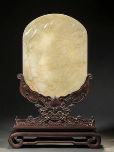 Hetian jade, old man under the pine tree screen: The Hetian jade (with its warm, smooth and fine texture) is paired with a rosewood carved base (featuring complex intaglio carvings of bats and scroll patterns). The shallow relief and incised carving