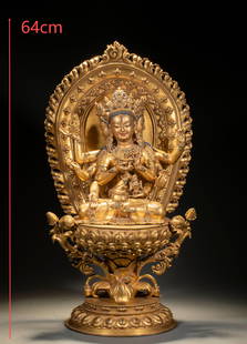 Gilt Bronze Three-Headed and Six-Armed Guanyin Statue: The bronze statue is gilded with a thick layer of gold and decorated with gemstones in some parts. It is cast by the lost-wax method, featuring a three-headed and six-armed figure with distinct expres