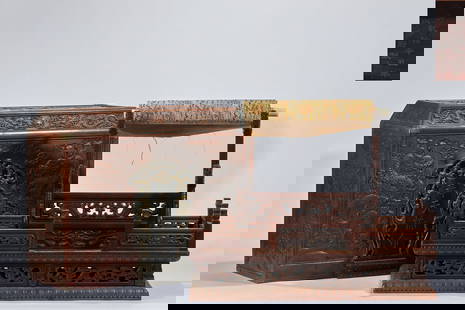 Rosewood Box for Imperial Edict of Fengtian with Attached Imperial Decree: The rosewood (with fine texture and warm color) imperial edict box is inlaid with copper and engraved with dragon patterns, presenting a dignified and solemn appearance. The imperial edict is made of
