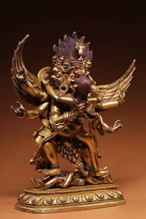 Qing Dynasty Gilt-bronze Double-Body Vajrapani with Horse Head: The bronze is gilded with a thick layer of gold and has traces of cinnabar, which is a characteristic of the "installation" tradition in Tibetan Buddhism. The multi-headed and multi-armed, as well as